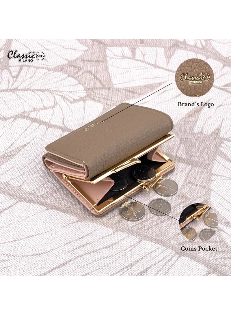 Classic Milano Khaki (JFL-5-7368-380) Classic Milano Premium Faux Leather Wallet for Women with Coin Clipped | Ladies Wallet Stylish Card Holder Purse | Slim Women's Wallet for Daily Use, Travel, and Gifting for Women | Best Price UAE