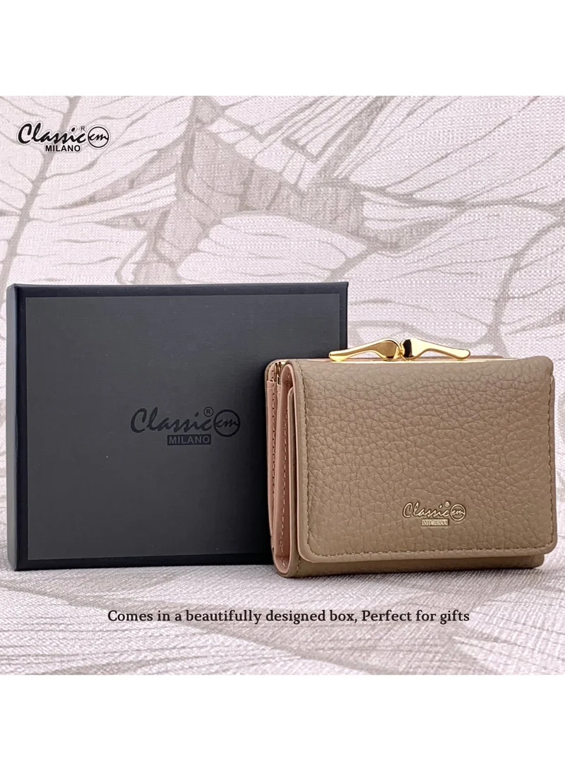 Classic Milano Khaki (JFL-5-7368-380) Classic Milano Premium Faux Leather Wallet for Women with Coin Clipped | Ladies Wallet Stylish Card Holder Purse | Slim Women's Wallet for Daily Use, Travel, and Gifting for Women | Best Price UAE