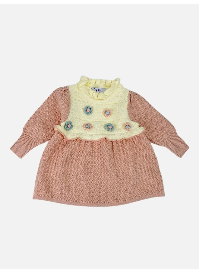 صندوق المفاجآت الصغيرة Pink & Cream Front floral Jacket patterned Knitted Frock Winterwear for girls