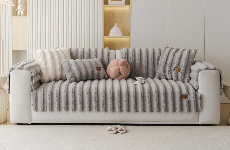 Huierxun Fuzzy Rabbit Plush Sofa Cover Thick Soft Fur Sectional Couch Cover Furry Fluffy Cushion Cover Non-Slip Sofa Slipcovers Vertical Stripe Furniture Protector for Dogs Cats(Light Grey,28"x28") - Image 2