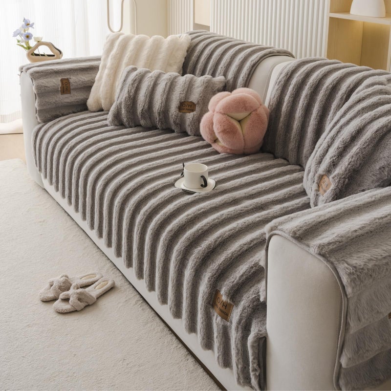 Huierxun Fuzzy Rabbit Plush Sofa Cover Thick Soft Fur Sectional Couch Cover Furry Fluffy Cushion Cover Non-Slip Sofa Slipcovers Vertical Stripe Furniture Protector for Dogs Cats(Light Grey,28"x28") - Image 4