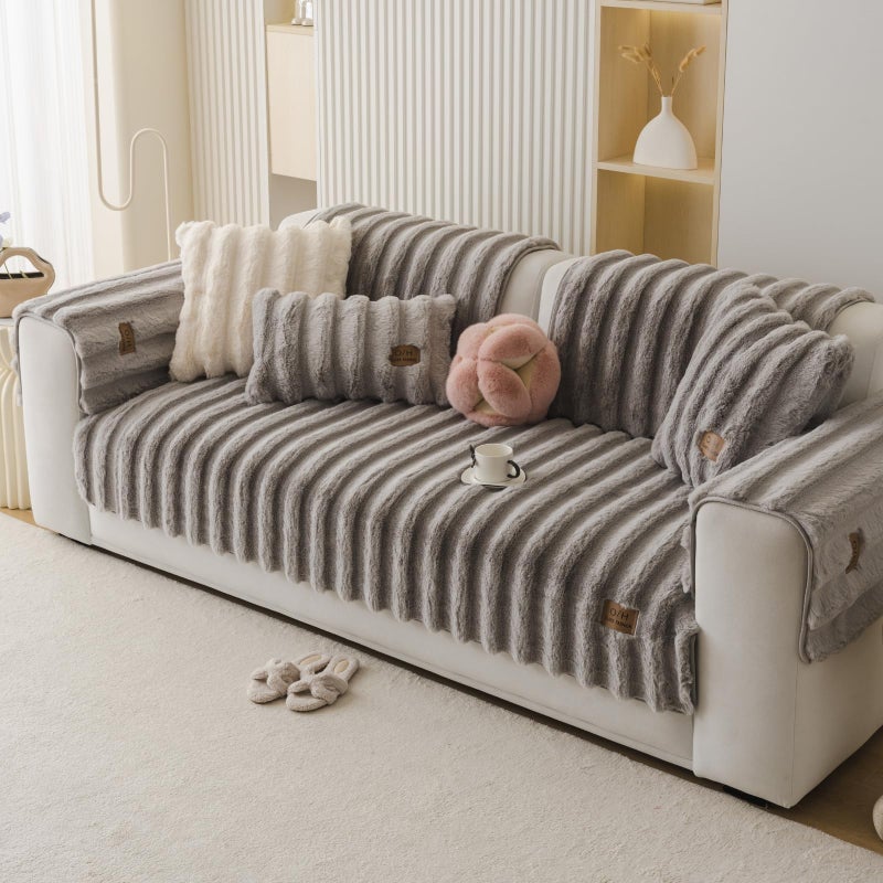 Huierxun Fuzzy Rabbit Plush Sofa Cover Thick Soft Fur Sectional Couch Cover Furry Fluffy Cushion Cover Non-Slip Sofa Slipcovers Vertical Stripe Furniture Protector for Dogs Cats(Light Grey,28"x28") - Image 3