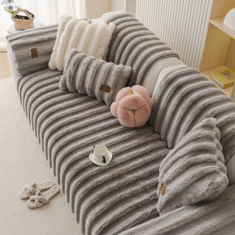 Huierxun Fuzzy Rabbit Plush Sofa Cover Thick Soft Fur Sectional Couch Cover Furry Fluffy Cushion Cover Non-Slip Sofa Slipcovers Vertical Stripe Furniture Protector for Dogs Cats(Light Grey,28"x28") - Image 5