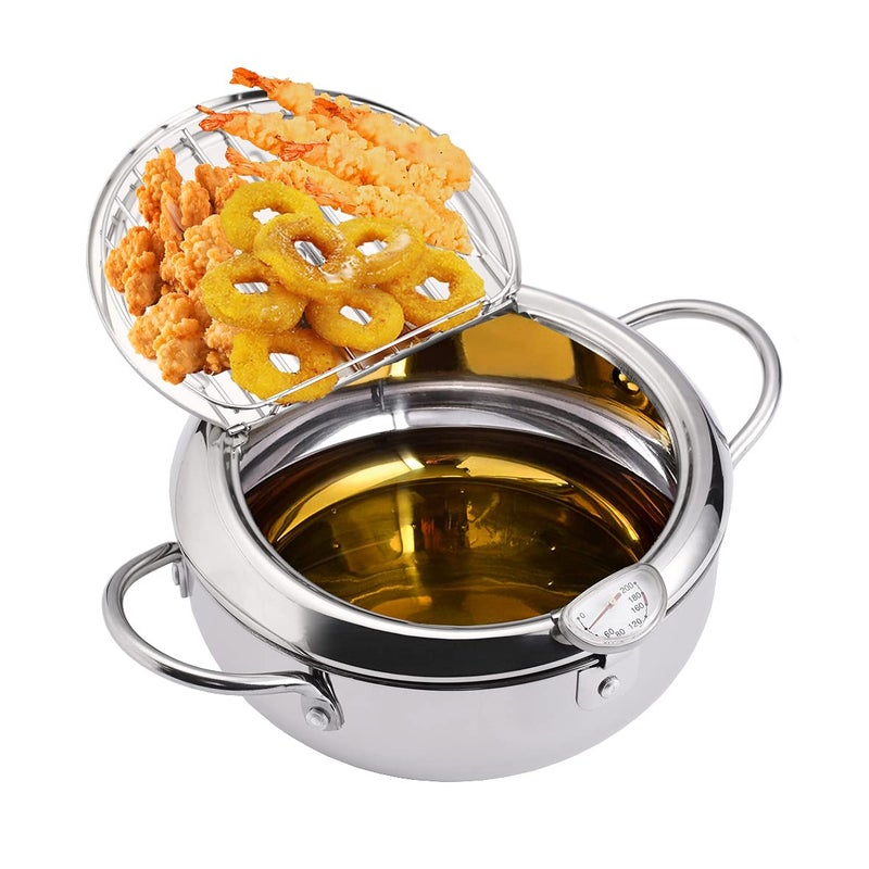 EAMATE Tempura Fry Pot Stainless Steel Tempura Deep Fryer with Thermometer 8 Inches Mini Size Perfect for 23 People