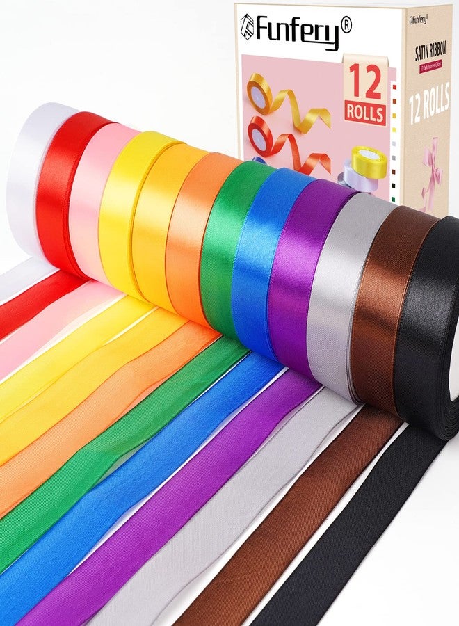 FUNFERY 12 Rolls 300 Yards 1 Inch Satin Ribbon Assorted Colors - 25 Yards/Roll, Ribbon for Gift Wrapping Girl Hair Bow, Ribbons for Crafts Party Wedding Decor - Image 1