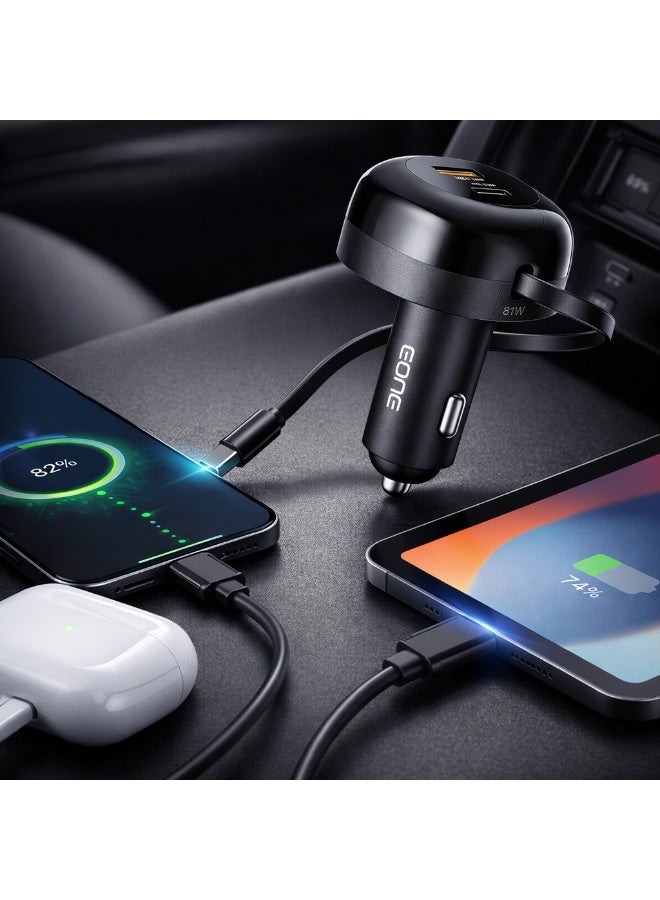 EONE 81W Fast Car Charger with Built-in USB-C Cable, Dual Port USB-A QC & PD Fast Charging Car Adapter for iPhone, Samsung, Tablet & Devices – Black - Image 3