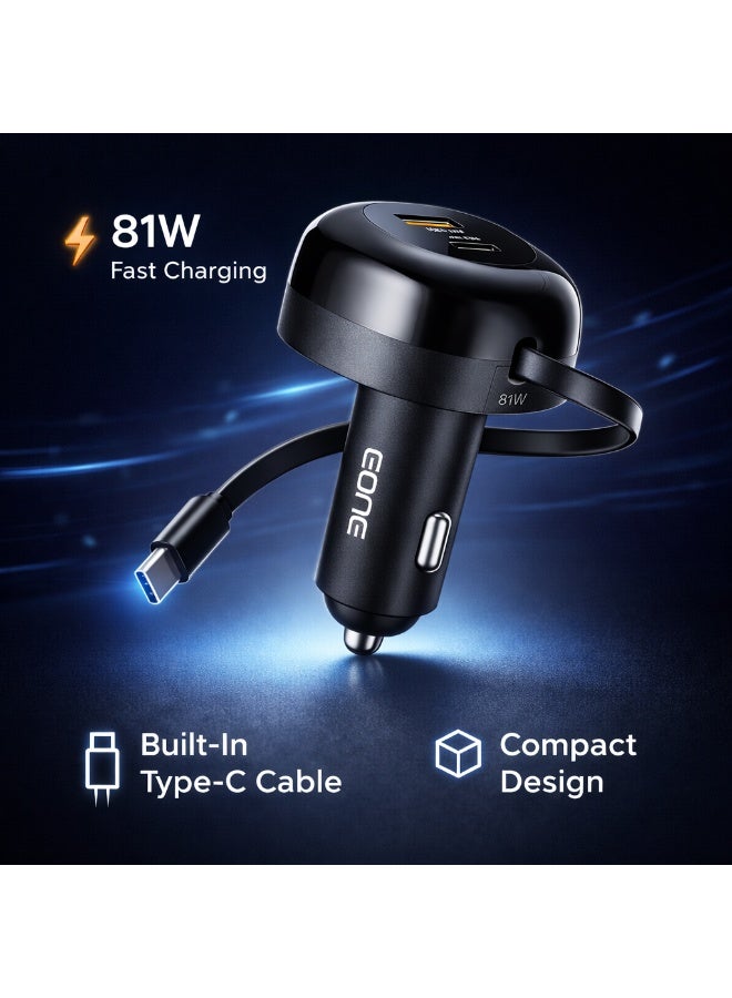 EONE 81W Fast Car Charger with Built-in USB-C Cable, Dual Port USB-A QC & PD Fast Charging Car Adapter for iPhone, Samsung, Tablet & Devices – Black - Image 4