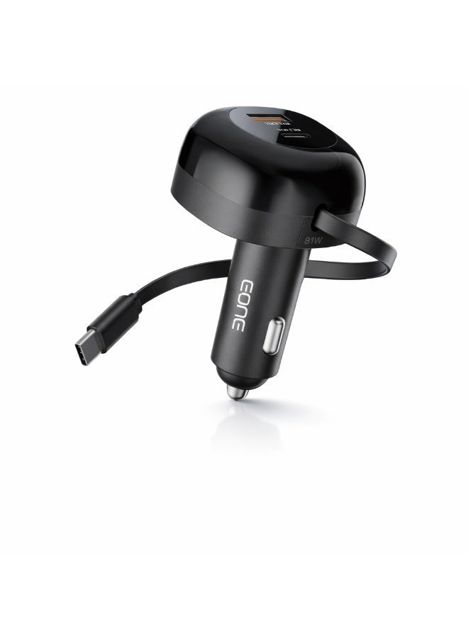 EONE 81W Fast Car Charger with Built-in USB-C Cable, Dual Port USB-A QC & PD Fast Charging Car Adapter for iPhone, Samsung, Tablet & Devices – Black - Image 1