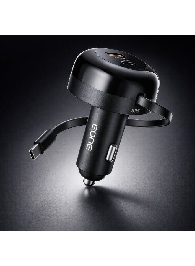 EONE 81W Fast Car Charger with Built-in USB-C Cable, Dual Port USB-A QC & PD Fast Charging Car Adapter for iPhone, Samsung, Tablet & Devices – Black - Image 2