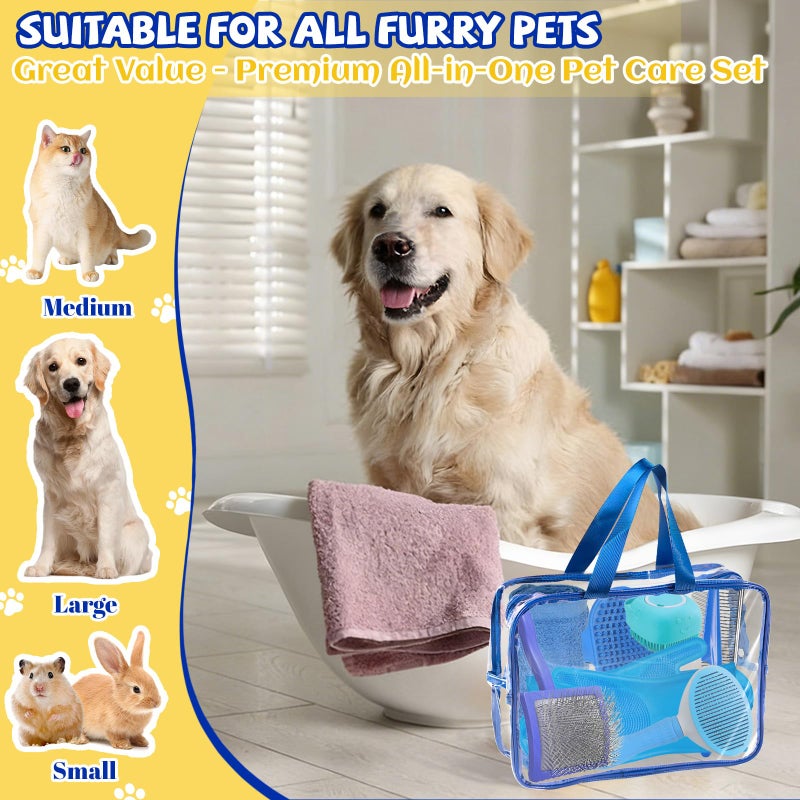 Grnheat 8PCS Dog Slicker Brush for Dogs Grooming Kit,Bath Grooming Kit for Pets,Hair Brush Set with Towel,Washing Gloves,Slicker Comb,and Shampoo Scrubber Brush for Small and Large Dogs and Cats(Blue) - Image 4