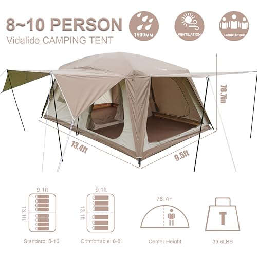 Vidalido 8-10 Person Camping Tent with 3 Door 2 Room Large Family Cabin Tents, Double Layer Waterproof Portable Glamping Tent, Big Tents for Outdoor Picnic Camping Hiking and Family Gathering - Image 5