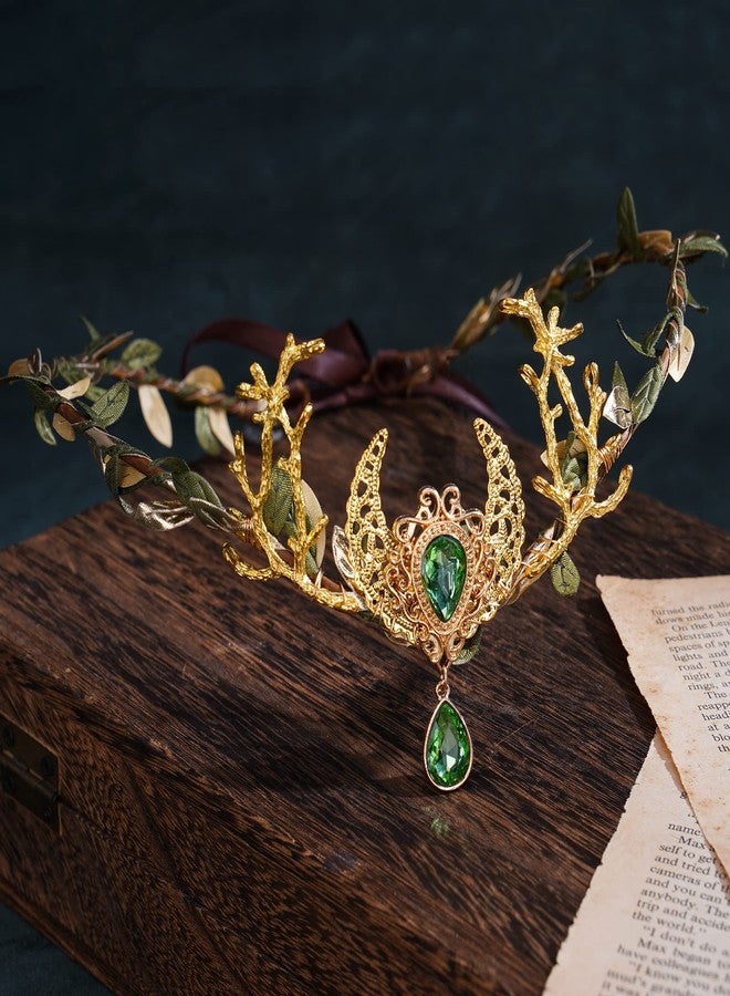 MOSTORY Handmade Moon Elf Crown - Fairy Flower Headpiece Woodland Crown Elven Circlet for Women Girls Renaissance Halloween Cosplay Photo Shoot - Image 3