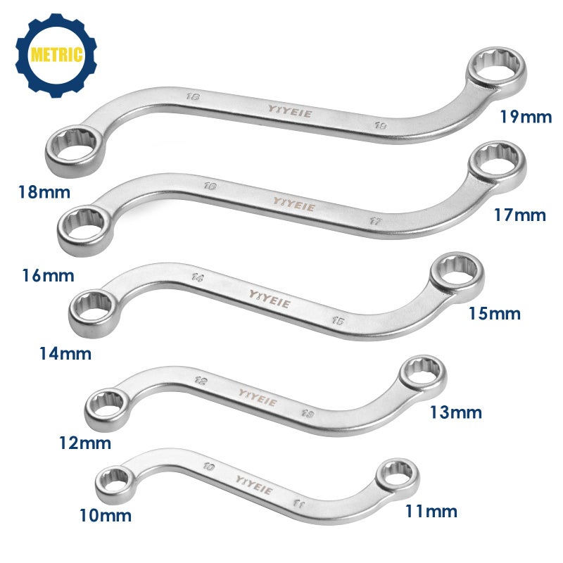 YIYEIE Offset S-Style Box End Wrench Set, 5-Piece, Chrome Vanadium Steel, 10x11mm, 12x13mm, 14x15mm, 16x17mm, 18x19mm - Image 3