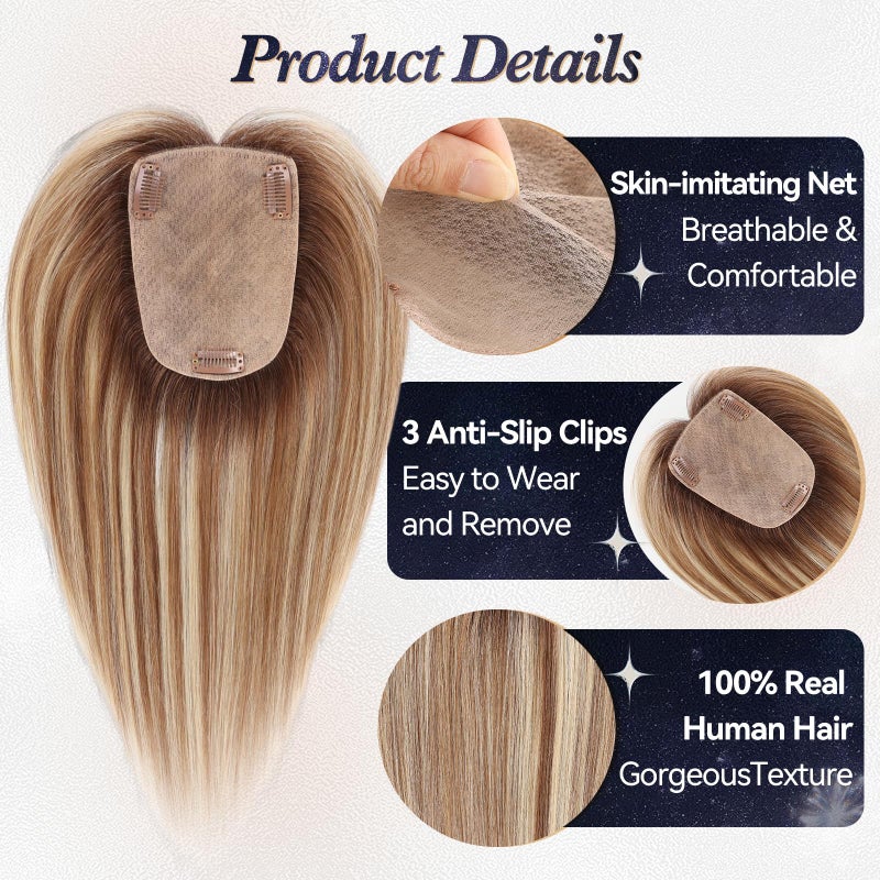 starluck Human Hair Toppers for Women Real Human Hair With Bangs 4 * 5.5 inch Base 12 inch SilkHug Hair Topper for Women Cover Grey Roots(Brown with Blonde Highlight) - Image 2