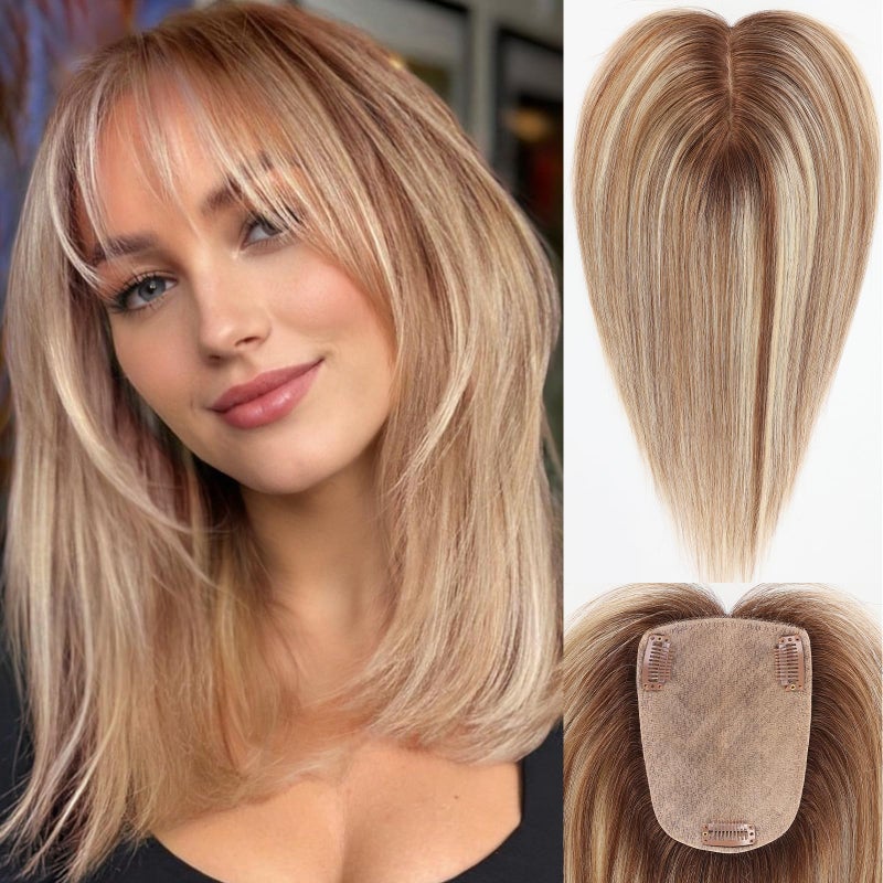 starluck Human Hair Toppers for Women Real Human Hair With Bangs 4 * 5.5 inch Base 12 inch SilkHug Hair Topper for Women Cover Grey Roots(Brown with Blonde Highlight) - Image 1
