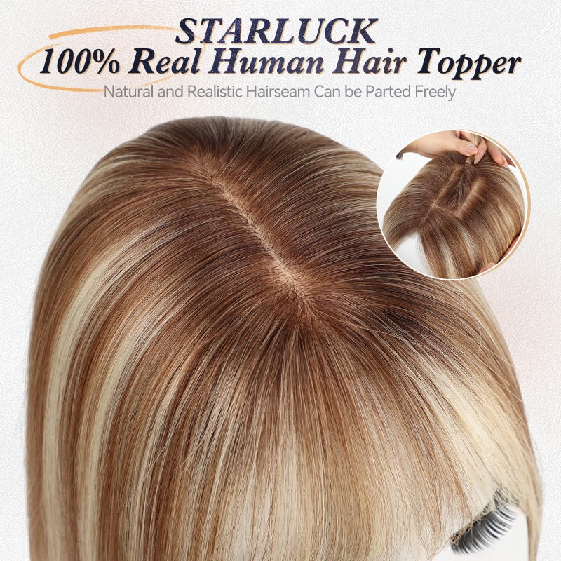 starluck Human Hair Toppers for Women Real Human Hair With Bangs 4 * 5.5 inch Base 12 inch SilkHug Hair Topper for Women Cover Grey Roots(Brown with Blonde Highlight) - Image 4