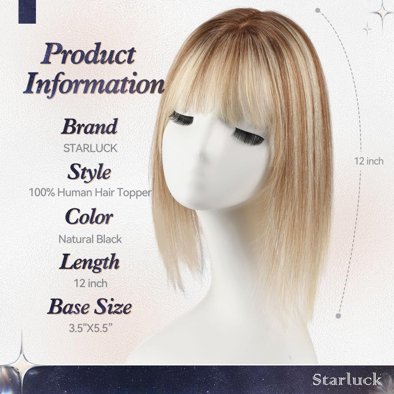 starluck Human Hair Toppers for Women Real Human Hair With Bangs 4 * 5.5 inch Base 12 inch SilkHug Hair Topper for Women Cover Grey Roots(Brown with Blonde Highlight) - Image 3