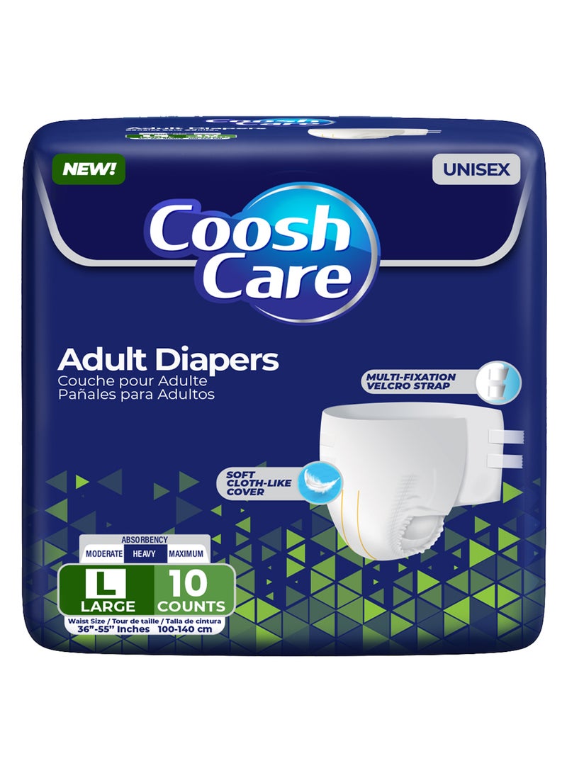 CooshCare Adult Diapers for Men & Women, Large (L), 10 Count – Super Absorbent Disposable Briefs with Cloth-Like Comfort, Multi-Fixation Velcro Straps, Leakproof Protection & Wetness Indicator  - Image 1