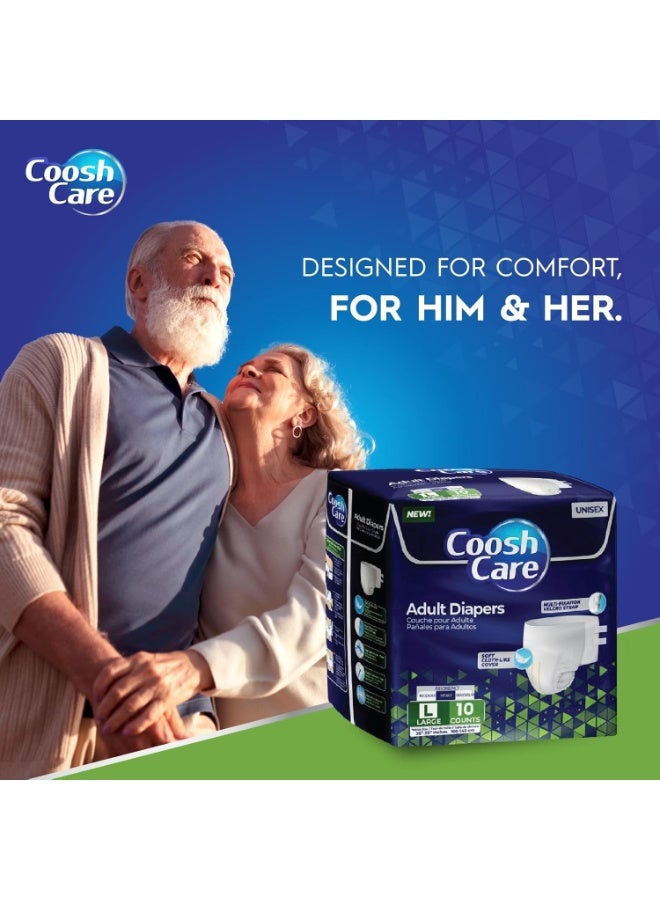CooshCare Adult Diapers for Men & Women, Large (L), 10 Count – Super Absorbent Disposable Briefs with Cloth-Like Comfort, Multi-Fixation Velcro Straps, Leakproof Protection & Wetness Indicator  - Image 3