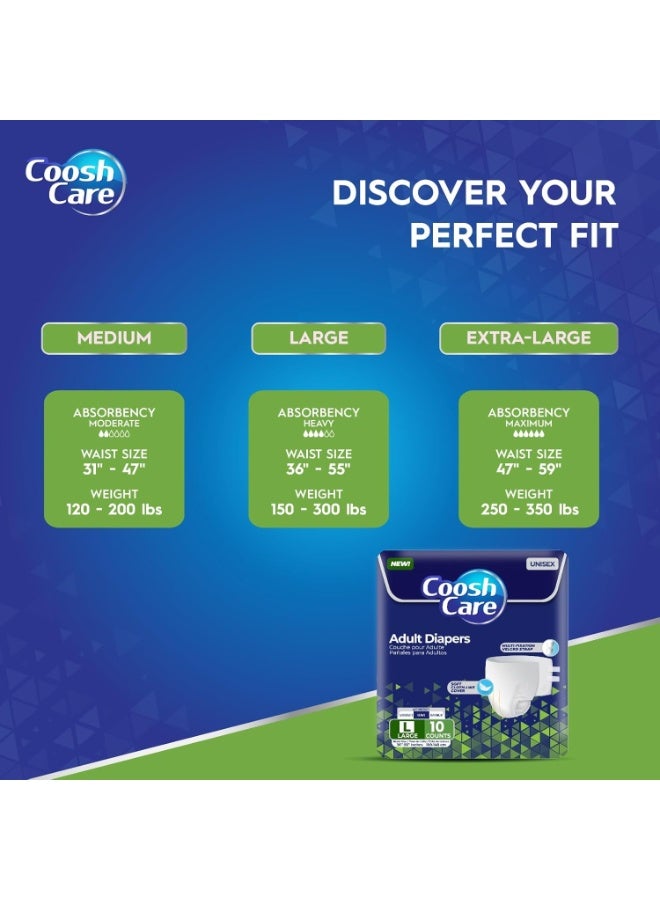 CooshCare Adult Diapers for Men & Women, Large (L), 10 Count – Super Absorbent Disposable Briefs with Cloth-Like Comfort, Multi-Fixation Velcro Straps, Leakproof Protection & Wetness Indicator  - Image 2