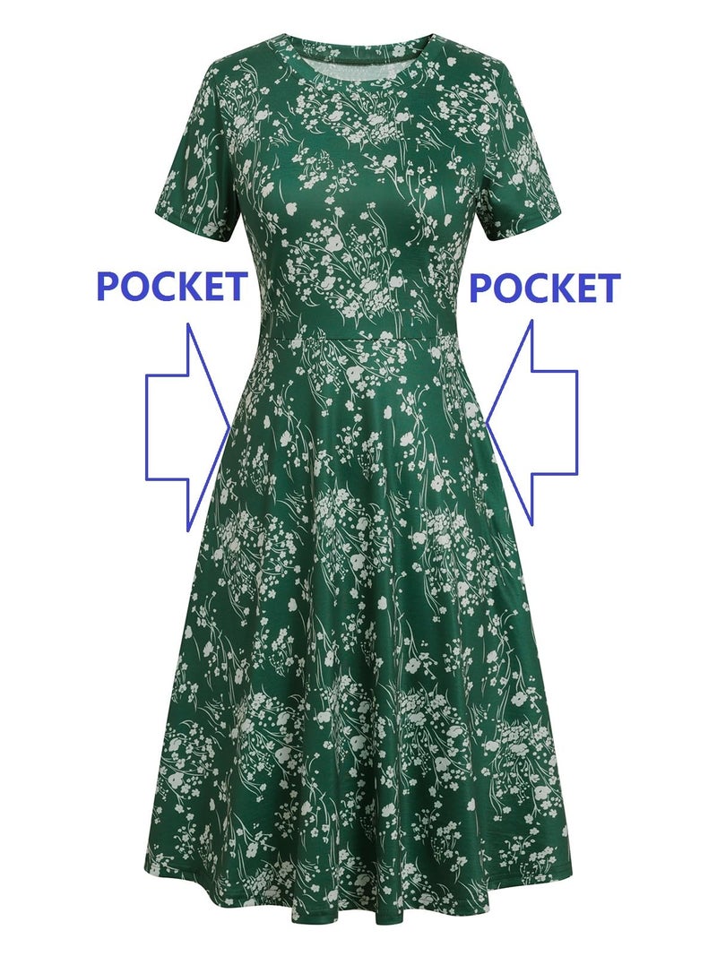 HELYO Women's Elegant Vintage Cotton Casual Floral Print Work Party A-Line Swing Dress with Pockets 162 (S, Green Floral) - Image 5