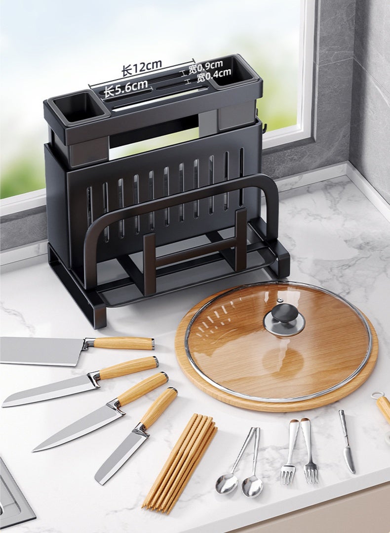 Haidue Carbon Steel Kitchen Multifunctional Organizer Rack - Knife Cutting Board Pot Lid Storage Shelf with Double Chopstick Holders, Drainage Tray & 4 Hooks for Countertop Organization - Image 5