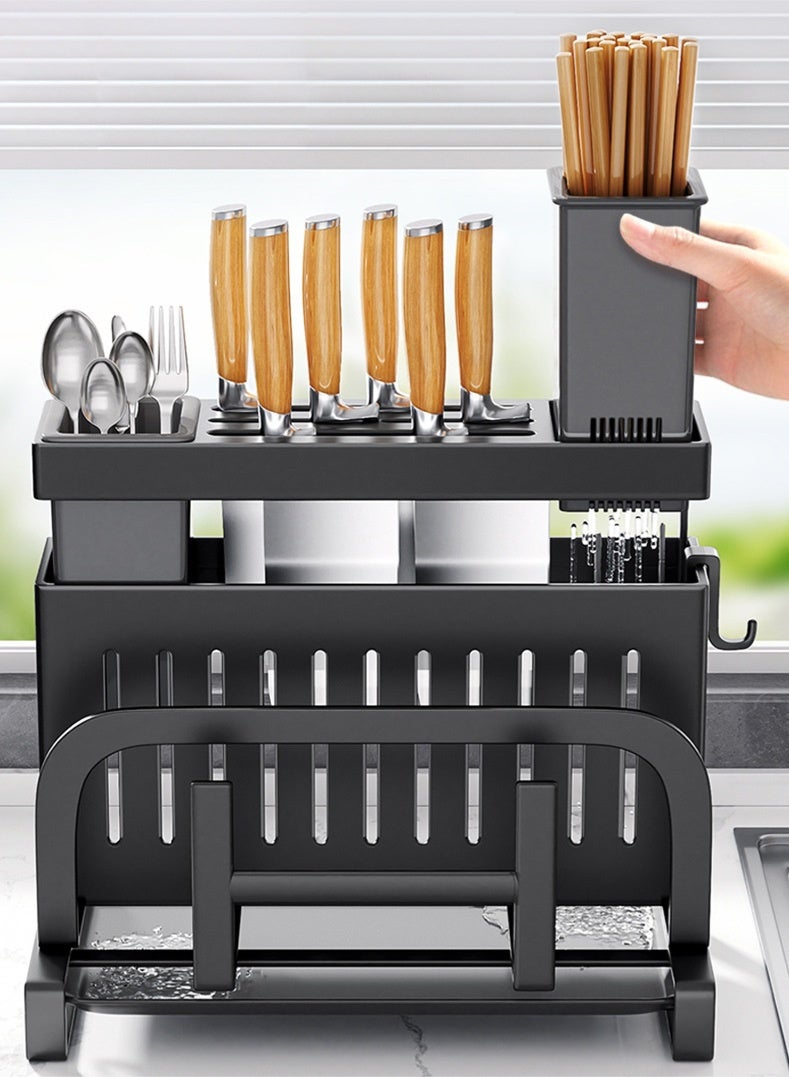 Haidue Carbon Steel Kitchen Multifunctional Organizer Rack - Knife Cutting Board Pot Lid Storage Shelf with Double Chopstick Holders, Drainage Tray & 4 Hooks for Countertop Organization - Image 3
