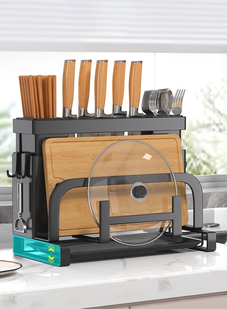 Haidue Carbon Steel Kitchen Multifunctional Organizer Rack - Knife Cutting Board Pot Lid Storage Shelf with Double Chopstick Holders, Drainage Tray & 4 Hooks for Countertop Organization - Image 2