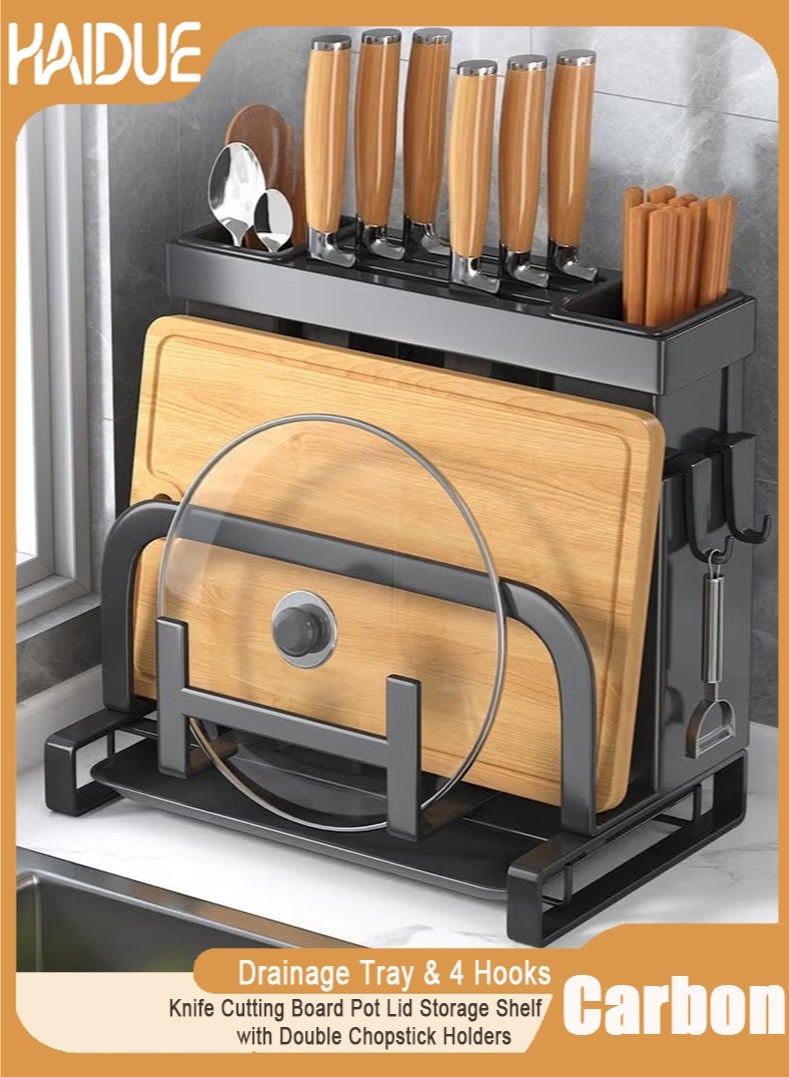 Haidue Carbon Steel Kitchen Multifunctional Organizer Rack - Knife Cutting Board Pot Lid Storage Shelf with Double Chopstick Holders, Drainage Tray & 4 Hooks for Countertop Organization - Image 1