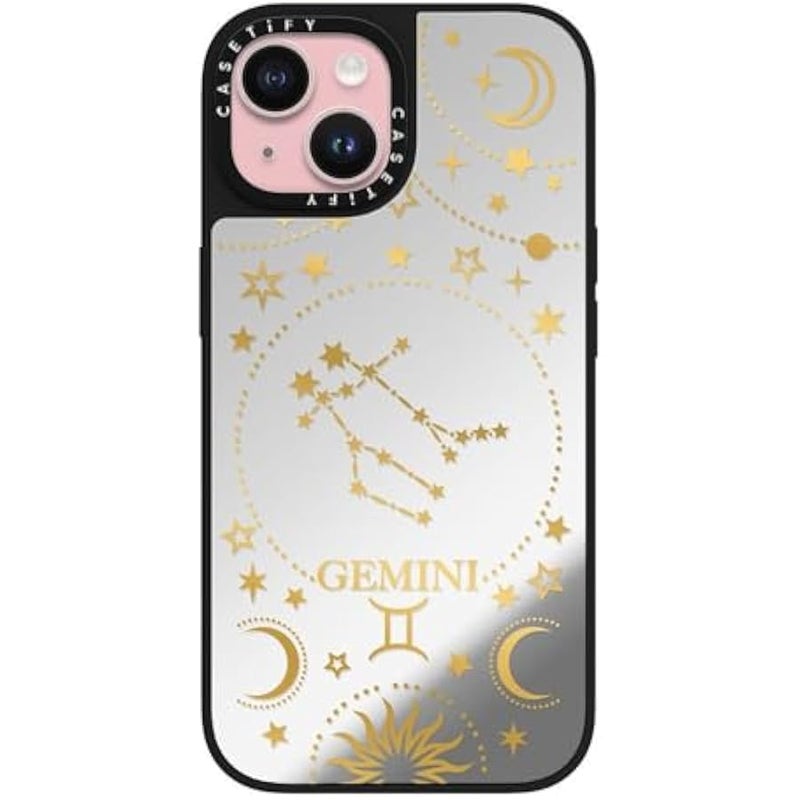 Casetify Mirror iPhone 15 Case 【Reflective / 4.9ft Drop Protection/Compatible with Magsafe】 - Zodiac Star Sign : Gemini - Silver on Black - Image 1