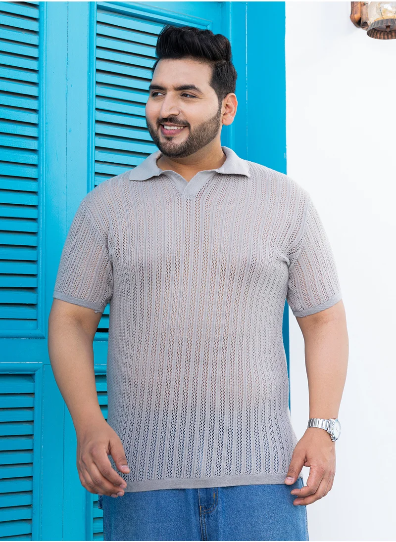 Instafab Plus Instafab Plus Men's Ash Grey Stripe-Textured Polo T-Shirt For Casual Wear | Polo Neck | Short Regular Sleeves | Pull On Closure | Plus Size T-Shirt Crafted With Comfort Fit For Everyday Wear