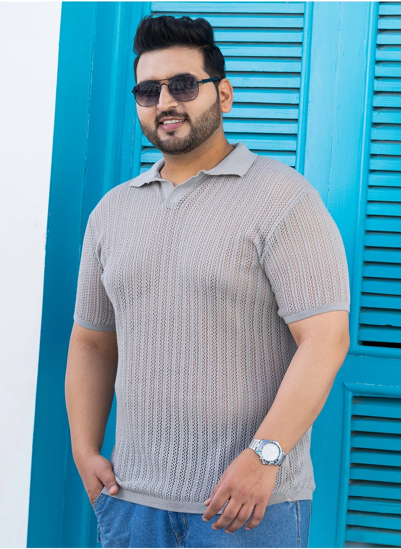 Instafab Plus Instafab Plus Men's Ash Grey Stripe-Textured Polo T-Shirt For Casual Wear | Polo Neck | Short Regular Sleeves | Pull On Closure | Plus Size T-Shirt Crafted With Comfort Fit For Everyday Wear