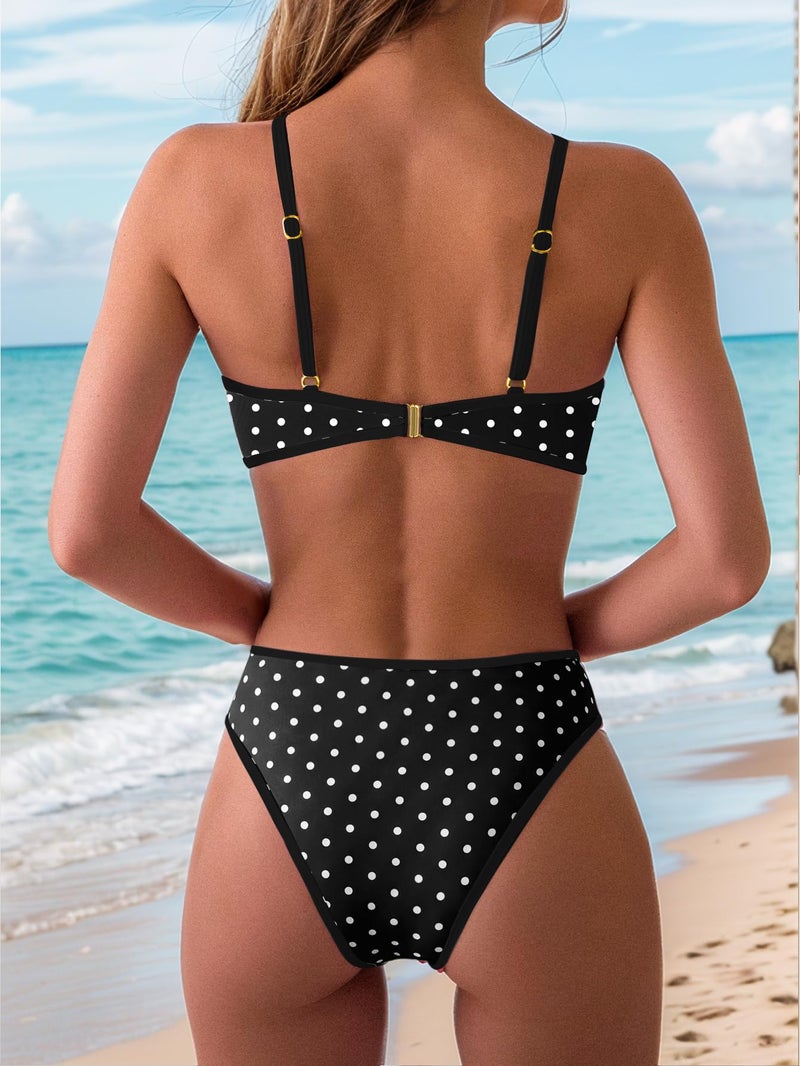 Tainehs Women's Two Piece Bikini Sets O Ring Front Top Ditsy Floral Triangle Swimsuits Cheeky Bathing Suit Polka Dot - Image 3