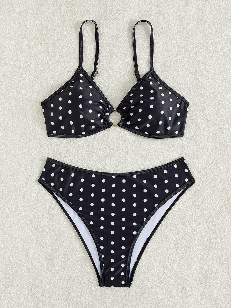 Tainehs Women's Two Piece Bikini Sets O Ring Front Top Ditsy Floral Triangle Swimsuits Cheeky Bathing Suit Polka Dot - Image 4