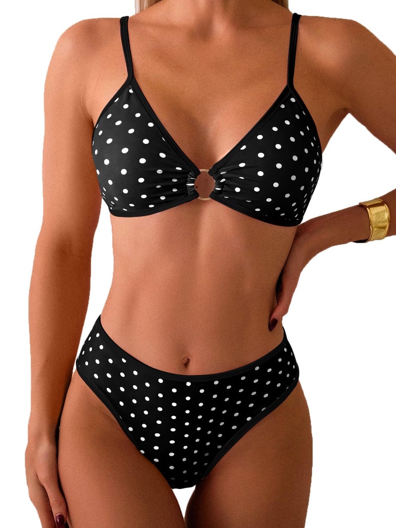 Tainehs Women's Two Piece Bikini Sets O Ring Front Top Ditsy Floral Triangle Swimsuits Cheeky Bathing Suit Polka Dot - Image 1