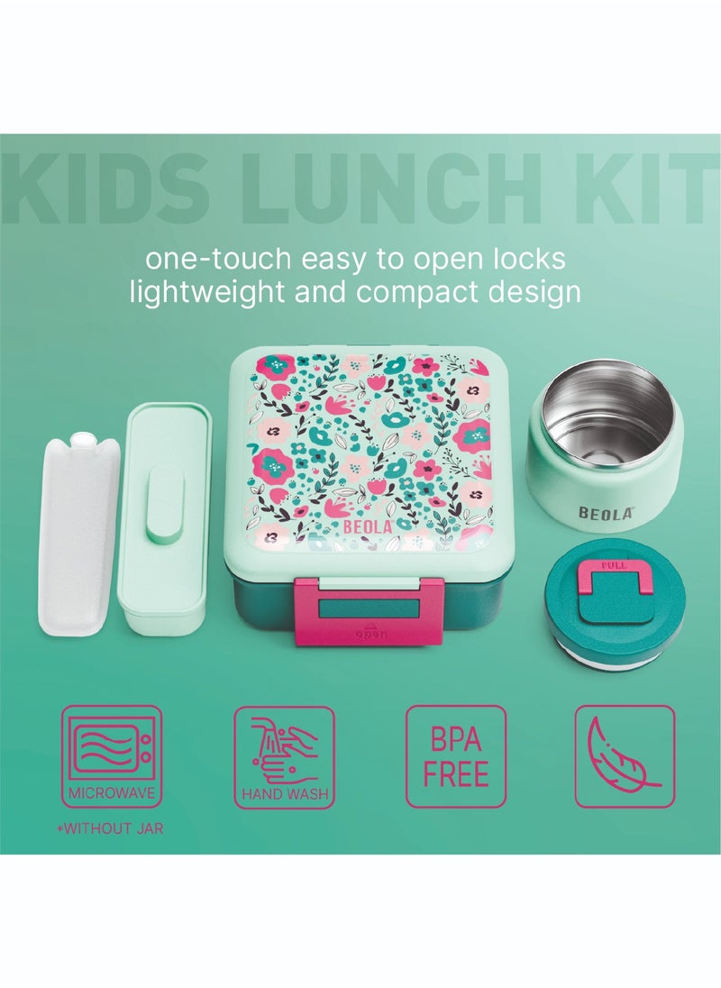 BEOLA Lunch Box for Kids with Food Jar Inside, Multi Compartment Bento Lunch Box with 240ml Food Thermos and Ice Pack, Tiffin Box for Kids with Insulated Steel Jar, Lightweight BPA free(Ever Blooming)  - Image 4