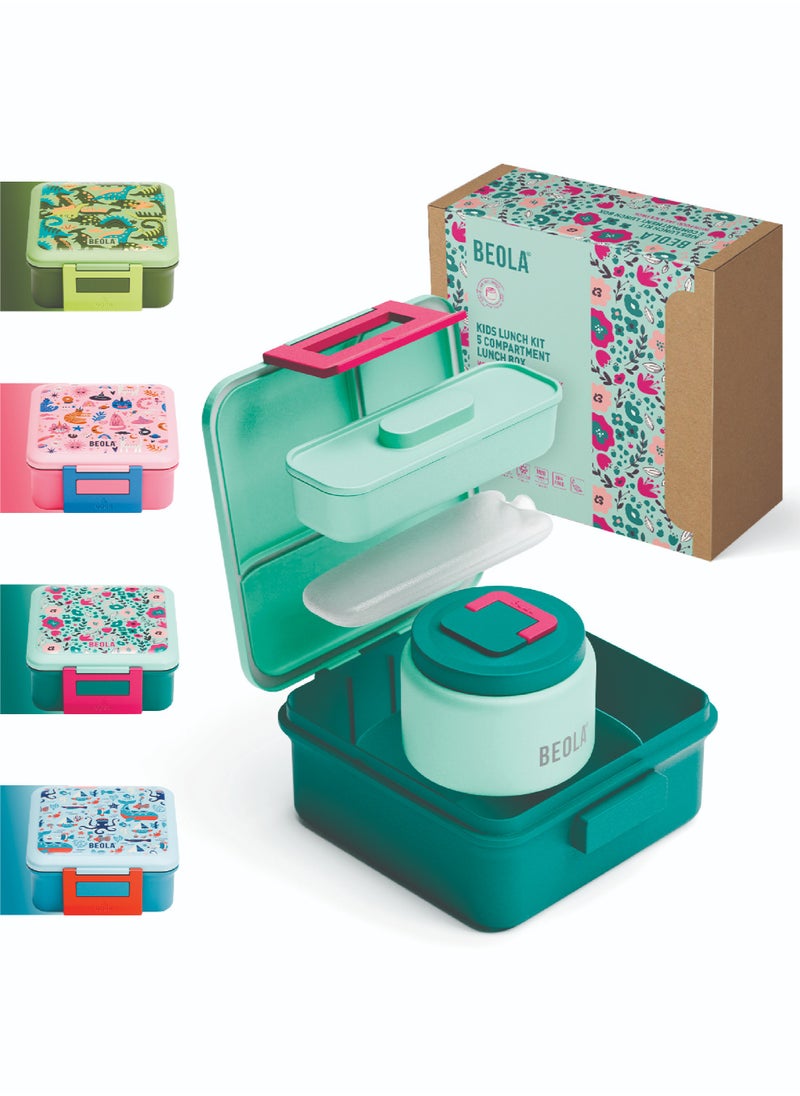 BEOLA Lunch Box for Kids with Food Jar Inside, Multi Compartment Bento Lunch Box with 240ml Food Thermos and Ice Pack, Tiffin Box for Kids with Insulated Steel Jar, Lightweight BPA free(Ever Blooming)  - Image 1