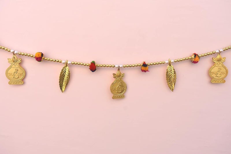 CREYENTES Gallery Toran with Golden Kalash White Golden Moti with Pom Pom Design Diwali Decoration Items Home Mandir Puja DcorNavratri Onam Pongal Pooja Room 315 Feet Small Kalash Pom Pom - Image 4