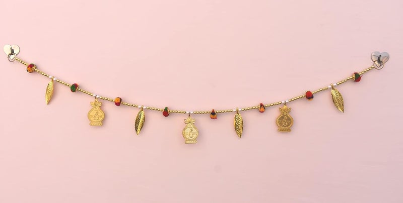 CREYENTES Gallery Toran with Golden Kalash White Golden Moti with Pom Pom Design Diwali Decoration Items Home Mandir Puja DcorNavratri Onam Pongal Pooja Room 315 Feet Small Kalash Pom Pom - Image 1