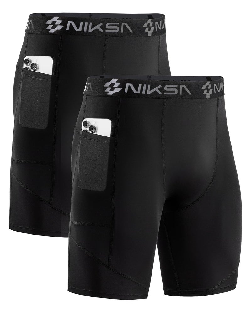 Niksa 1/2 Pack Mens Compression Shorts with Pocket, Performance Spandex Athletic Sports Workout Running Underwear Shorts - Image 1