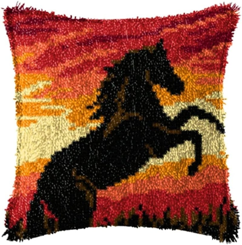 LAPATAIN Latch Hook Kits for DIY Throw Pillow Cover,Horse Needlework Cushion Cover Hand Craft Crochet 17x17inch - Image 1