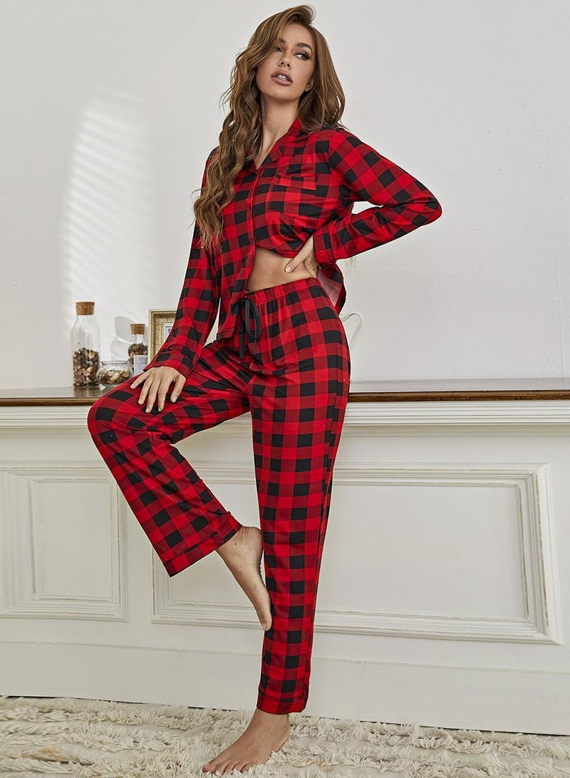 Loquat Women's Checked Pattern Loose 2-Piece Set Pajamas Long Sleeve top And Pants Soft Loungewear Nightgown Suit Leisure Wear Red/Black  - Image 1