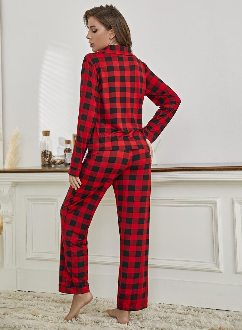 Loquat Women's Checked Pattern Loose 2-Piece Set Pajamas Long Sleeve top And Pants Soft Loungewear Nightgown Suit Leisure Wear Red/Black  - Image 3