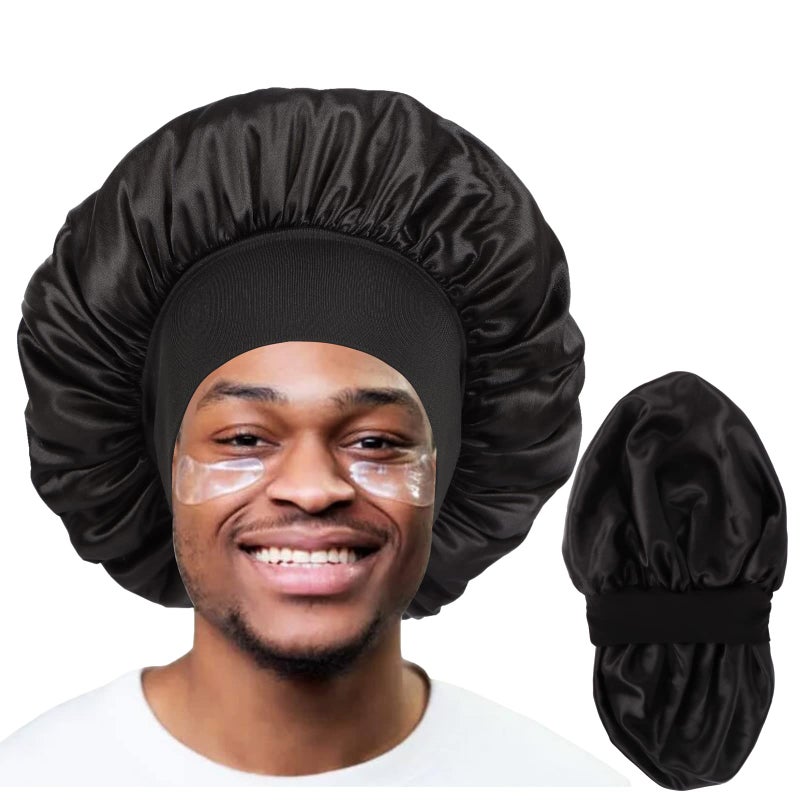 Himoswis Bonnet for Men,Hair Bonnet for Sleeping,Double Layer Satin Bonnets for Black Women Curly Hair Braids,Reversible Sleep Cap (Large,Black/Black) - Image 1