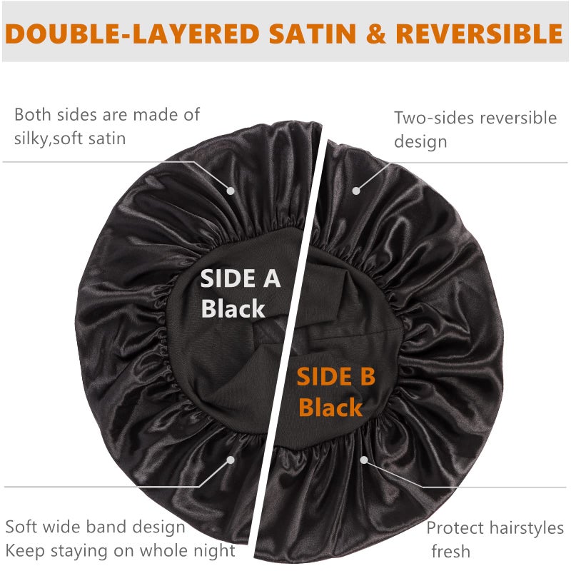 Himoswis Bonnet for Men,Hair Bonnet for Sleeping,Double Layer Satin Bonnets for Black Women Curly Hair Braids,Reversible Sleep Cap (Large,Black/Black) - Image 2