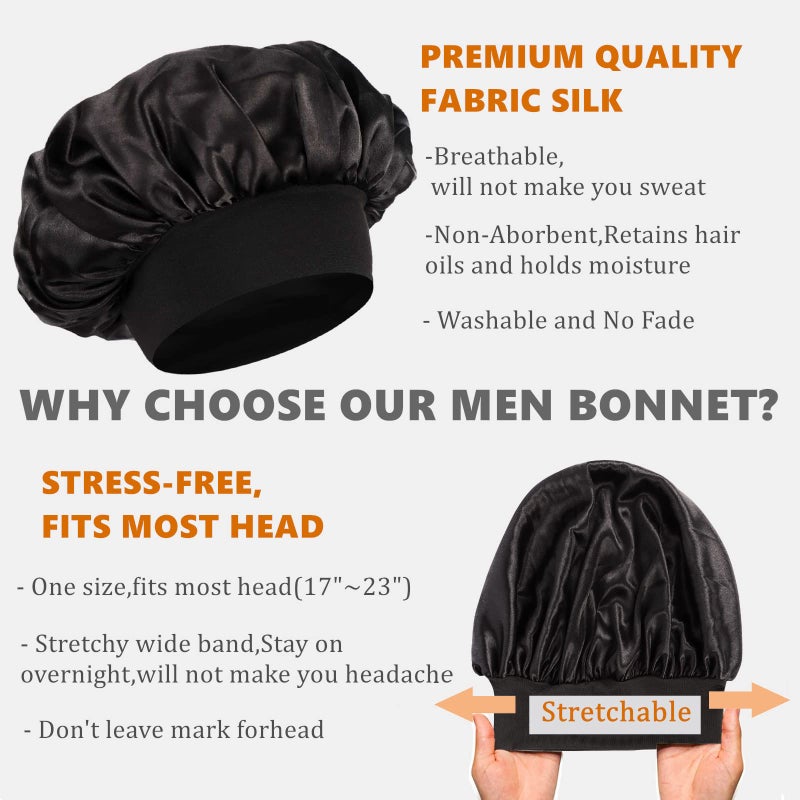 Himoswis Bonnet for Men,Hair Bonnet for Sleeping,Double Layer Satin Bonnets for Black Women Curly Hair Braids,Reversible Sleep Cap (Large,Black/Black) - Image 3