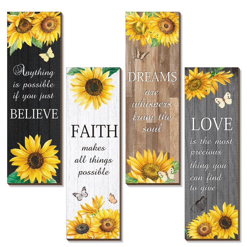 Qunclay 4 Pcs Sunflower Wall Decor Inspirational Sunflower Kitchen Decor and Accessories Wooden Rustic Farmhouse Yellow Flowers Wall Art Decoration for Home Bathroom Office Living Room(Multicolor) - Image 1