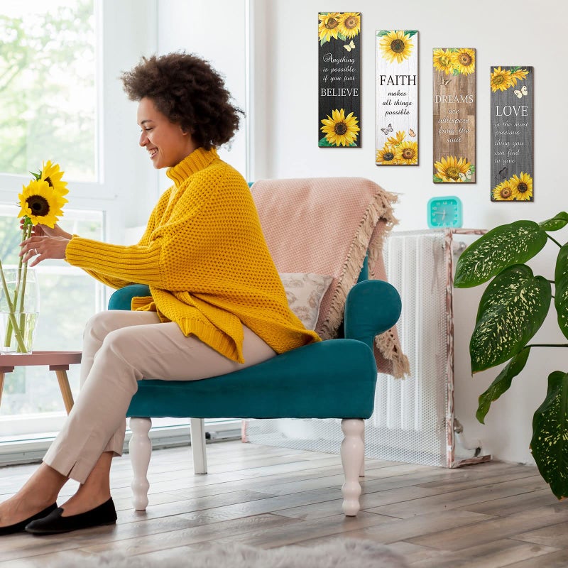 Qunclay 4 Pcs Sunflower Wall Decor Inspirational Sunflower Kitchen Decor and Accessories Wooden Rustic Farmhouse Yellow Flowers Wall Art Decoration for Home Bathroom Office Living Room(Multicolor) - Image 5
