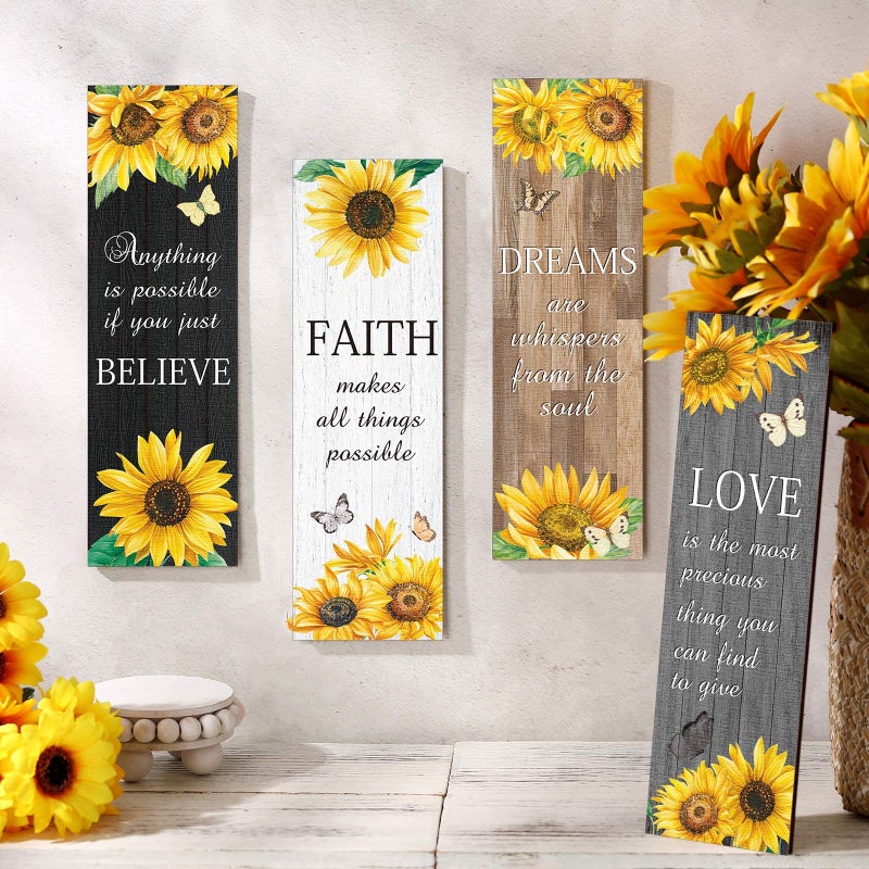 Qunclay 4 Pcs Sunflower Wall Decor Inspirational Sunflower Kitchen Decor and Accessories Wooden Rustic Farmhouse Yellow Flowers Wall Art Decoration for Home Bathroom Office Living Room(Multicolor) - Image 3