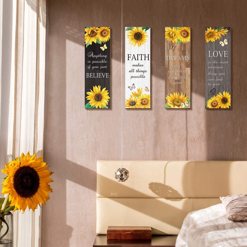 Qunclay 4 Pcs Sunflower Wall Decor Inspirational Sunflower Kitchen Decor and Accessories Wooden Rustic Farmhouse Yellow Flowers Wall Art Decoration for Home Bathroom Office Living Room(Multicolor) - Image 4